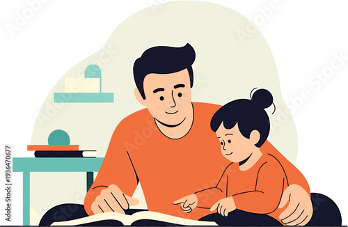 Happy father and daughter bonding over a book, fostering early education and literacy through shared reading time in a cozy home setting
