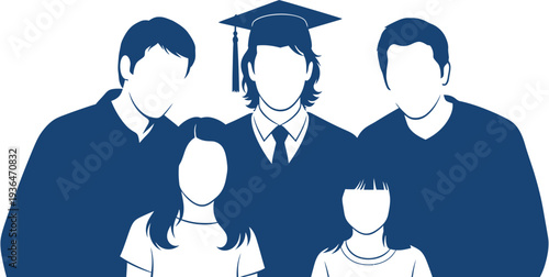 Illustration of a proud graduate celebrating an important academic milestone, surrounded by their supportive family members, symbolizing educational achievement and strong family bonds