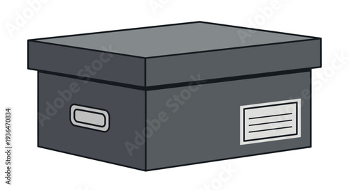 Sturdy dark grey storage box with a secure lid and a white identification label is positioned against a plain background.