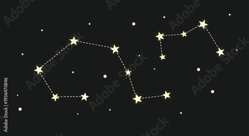 Beautiful star constellation and various celestial bodies are illustrated against a dark black night sky background.