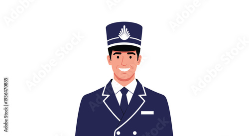 Friendly male uniformed worker wearing a professional navy blue suit and a peaked cap smiles warmly in this portrait.
