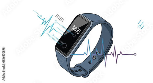 Modern fitness tracker with a digital screen and a blue silicone band is depicted with heart rate pulse wave graphics.