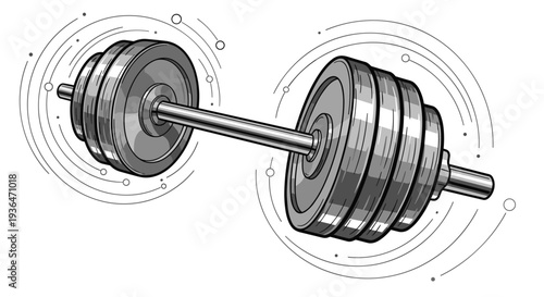Heavy metal dumbbell with several weight plates is shown against a dynamic background of swirling lines and dots.