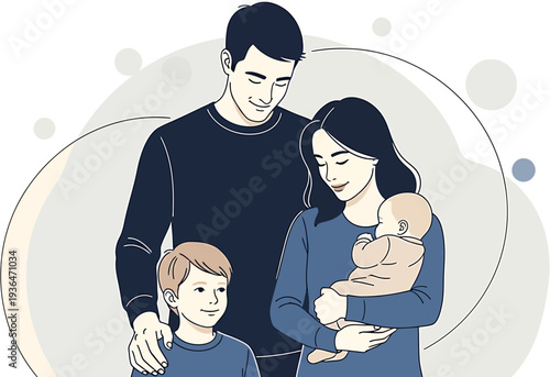 A heartwarming illustration of a loving modern family, featuring parents, a young boy, and a newborn baby, embodying the joy, care, and togetherness within a growing household