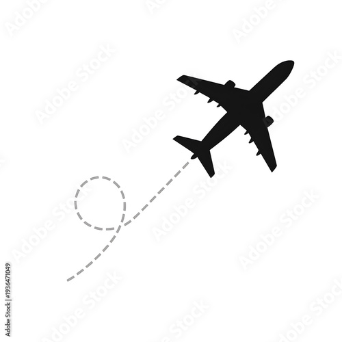 Black airplane flying with a dashed loop flight path on transparent background