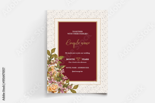 WEDDING INVITATION FRAME WITH FLOWER DECORATIONS AND FRESH LEAVES
