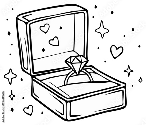 Diamond engagement ring in a box with hearts