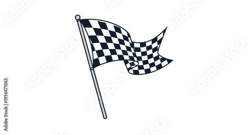 Classic checkered flag on a pole waves in the wind, symbolizing the finish line or victory in a racing competition.