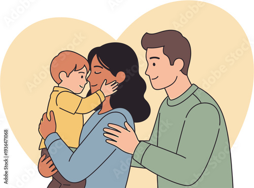 A tender embrace between a loving mother and her child, with a smiling father beside them, illustrating the warmth and happiness of family life and parenthood