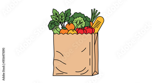 Brown paper grocery bag is overflowing with healthy fresh vegetables, fruit, and a loaf of artisanal crusty bread.
