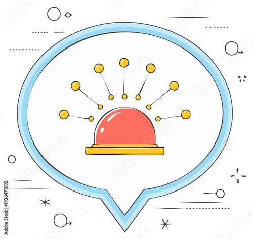 Emergency Alert: Stylized Cartoon Image of Alarm Siren in Speech Bubble with Yellow Orbs Radiating Outward