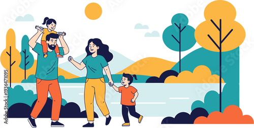 Happy family enjoying a leisurely walk in a picturesque park, embracing nature and spending quality time together under a bright sky, fostering precious memories