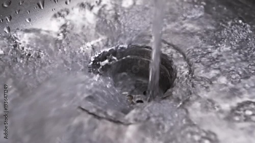 Clear water flows rapidly down into a shiny l kitchen sink drain.