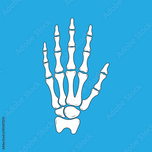 White human hand skeleton icon on blue.