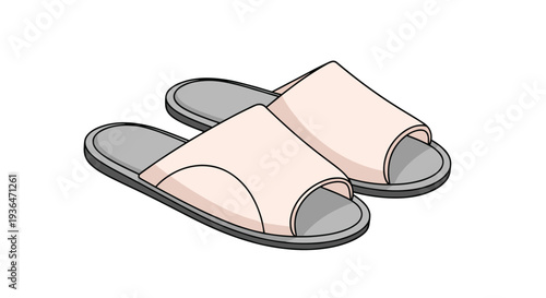 Pair of comfortable light pink and grey open-toe slippers is shown, representing relaxation and cozy indoor comfort.
