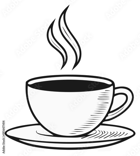 Steaming coffee cup and saucer illustration, hot beverage, morning drink icon
