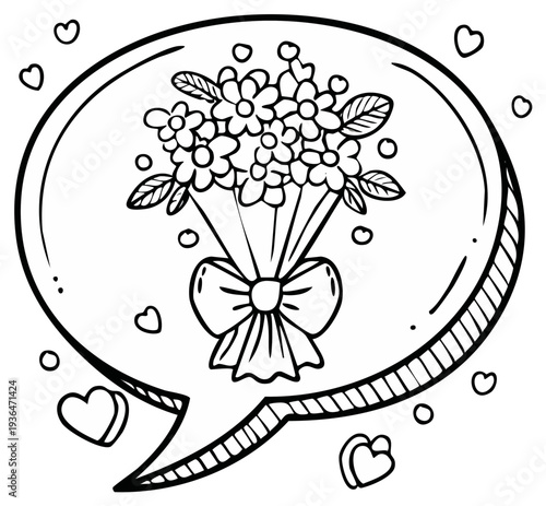 Hand drawn illustration of a speech bubble containing a bouquet of flowers with a bow and hearts