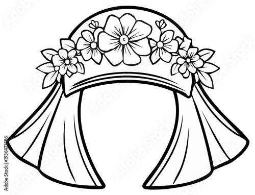 Outline of a bridal veil adorned with a floral headband and draped fabric elements.