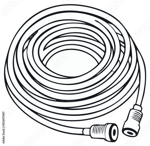 Coiled Hose with Connectors: Outline Vector Illustration of a Garden or Plumbing Element