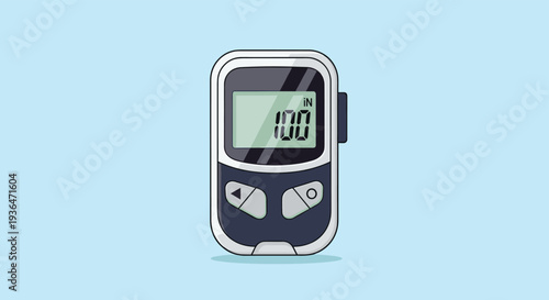 Digital electronic blood glucose meter showing a reading of one hundred for monitoring blood sugar levels in diabetic patients at home.