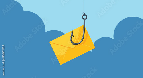 Conceptual illustration of a yellow envelope hooked by a fishing line against a cloudy blue sky representing an internet phishing scam.