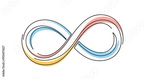 Artistic infinity symbol drawn with thin black lines and soft blue and red shading representing endlessness and eternal loop concepts.