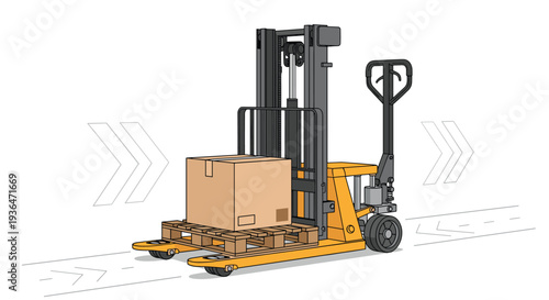 Industrial yellow forklift carrying a brown cardboard box on a wooden pallet moving along a marked path in a warehouse or factory.