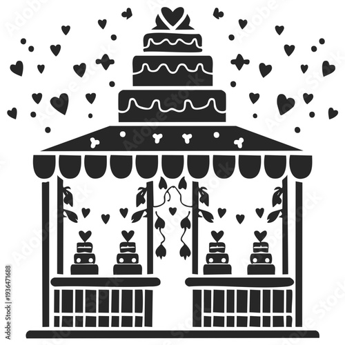 Wedding cake stall with miniature cakes and heart decorations falling