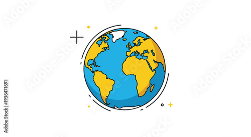 Colorful illustration of planet earth globe showing continents and oceans surrounded by decorative stars and lines on a white background.