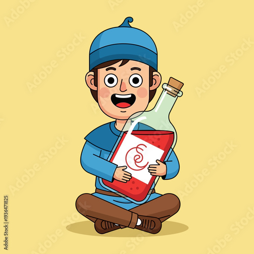 Happy boy in blue hat holding a large bottle of red liquid with a cork