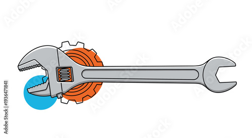Large adjustable metal wrench placed over an orange gear wheel representing industrial maintenance, repair, and mechanical engineering services.