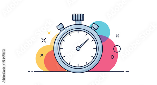 Modern silver stopwatch with colorful abstract shapes in the background used for timing sports, races, and exercises for fitness goals.