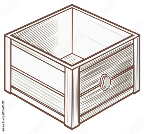Wooden box illustration, perspective view of empty container for storage or product display with circular knob
