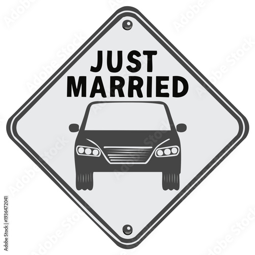 Just Married Sign with Car Illustration for Wedding Celebrations