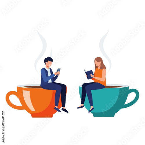 Couple enjoying coffee break, reading and using phone, sitting in giant coffee cups