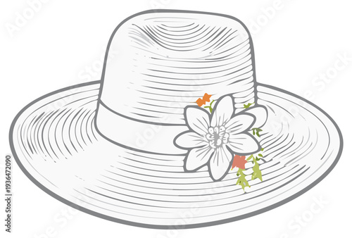 Elegant wide brim straw hat adorned with a delicate flower and foliage details