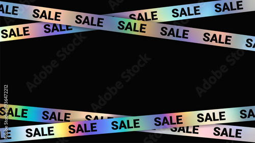 Horizontal sale banner with colorful holographic  discount tape on black background, frame with crossed promotion ribbons, blank modern shopping advertisement template. Vector EPS10