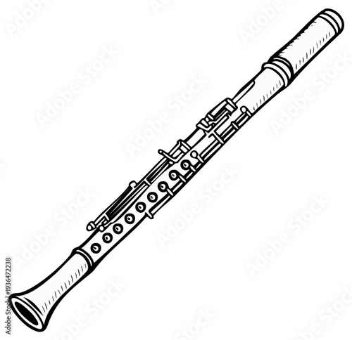 Black and White Outline Drawing of an Oboe Musical Instrument