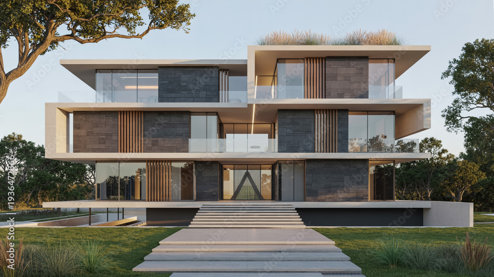 Fototapeta premium Modern Multi-Level Luxury Home With Large Windows And Balcony Overlooking Lush Green Lawn For Real Estate And Architecture Concepts