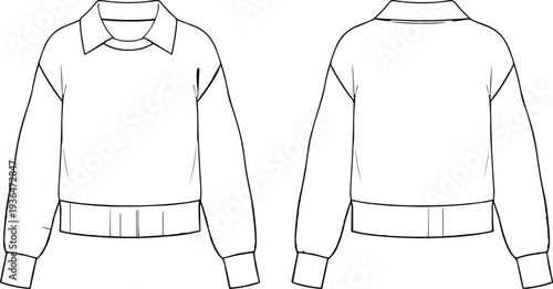 Black and white vector illustration of long sleeve sweater front and back, shirt collar crew neckline, fashion design garment specification drawing