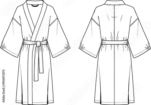 Black and white vector illustration of robe front and back, wrap design belt waist, fashion design garment specification drawing