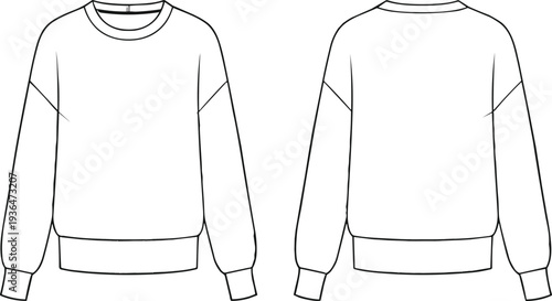 Black and white vector illustration of sweatshirt front and back, crew neckline ribbed cuffs hem, fashion design garment specification drawing