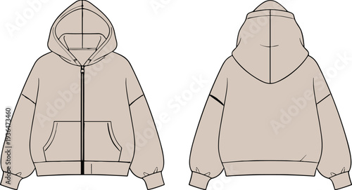 Neutral beige vector illustration of hooded sweatshirt front and back, zipper closure kangaroo pocket, fashion design garment specification drawing