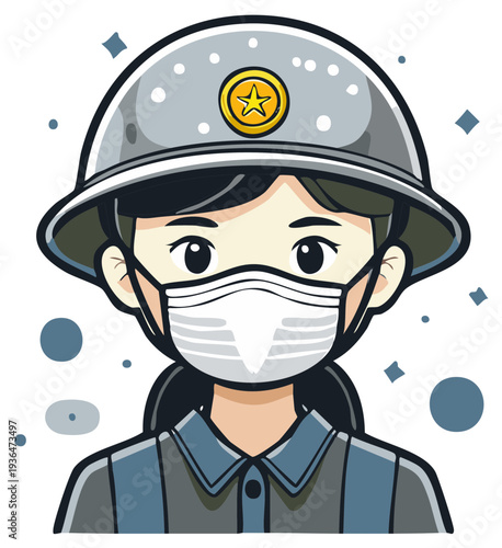 Illustration of a Young Woman with Protective Medical Mask and Helmet Depicted in a Stylized Vector Graphic
