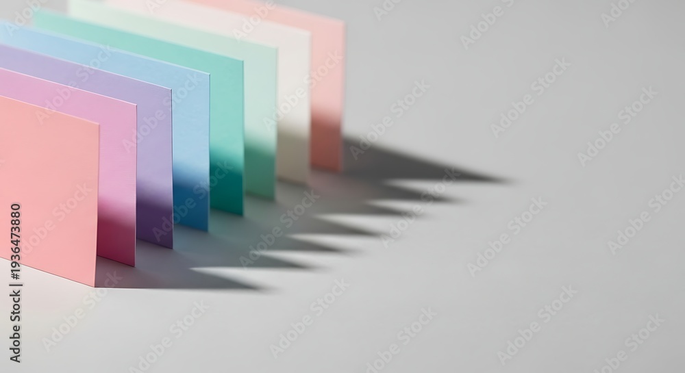 Fototapeta premium Colorful paper sheets arranged in a row, casting shadows on a gray surface.