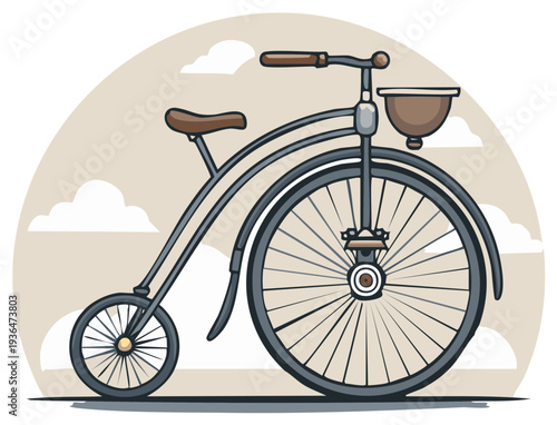 Vintage High Wheel Bicycle With Basket Illustration.  Classic Penny Farthing Cycle against a landscape of clouds.  Old-fashioned bike vector art.