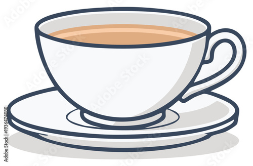 A clean white teacup filled with warm tea sits on a matching saucer with a dark outline
