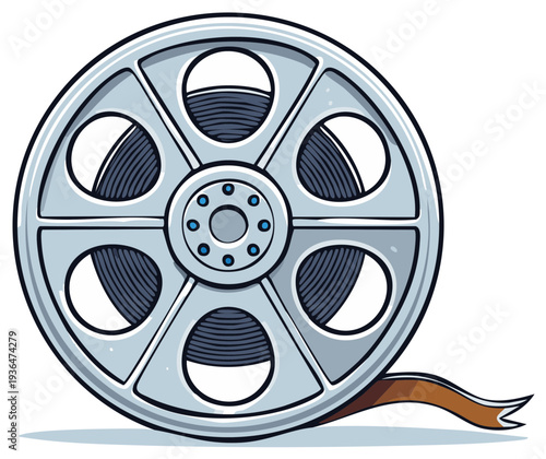Classic movie film reel with trailing strip of film in illustration style