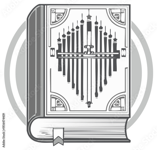 Ornate Vintage Book with Musical Organ Motif and Small Figures