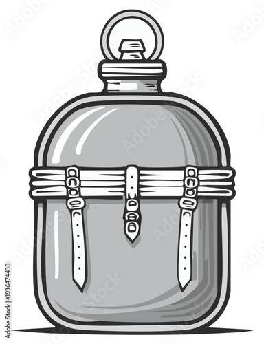 Gray metallic canteen with leather straps and metal buckles for carrying liquid while hiking and backpacking adventure